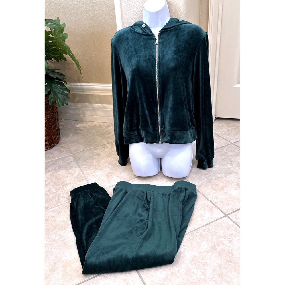 Green Velour Tracksuit Set Zip Up Hoodie & Jogger Pants 2 Piece Lounge Set Sz L
